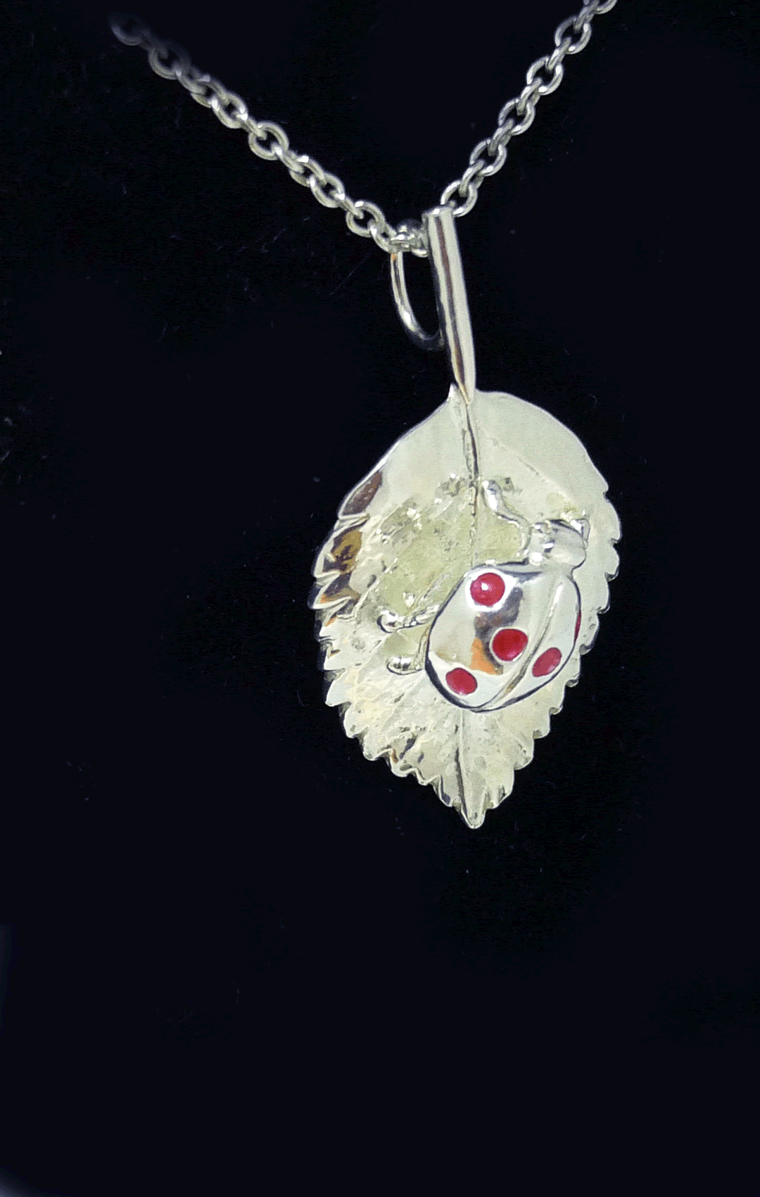 Silver Ladybird on Rose Leaf Pendant